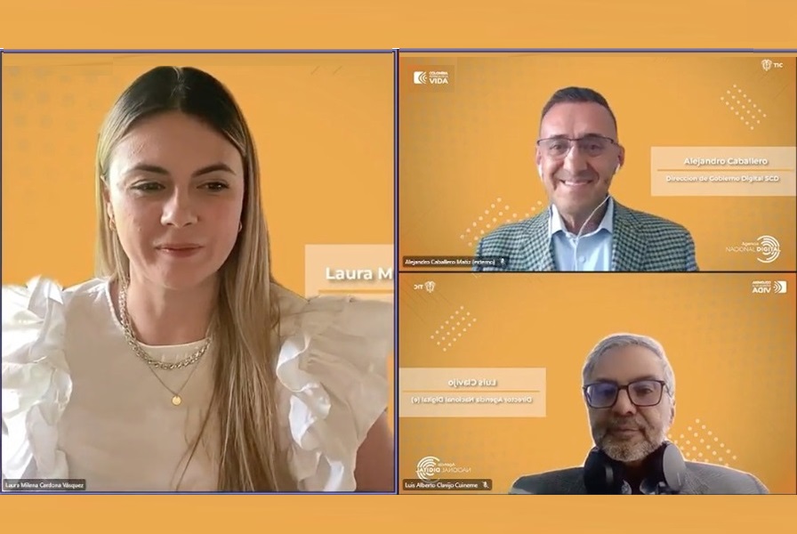 Fotografía de 3 personas, Laura Cardona, Luis Clavijo de la Agencia Nacional Digital y Alejandro Caballero del Min Tic en reunión virtual. Fotografía de 3 personas, Laura Cardona, Luis Clavijo de la Agencia Nacional Digital y Alejandro Caballero del Min Tic en reunión virtual.