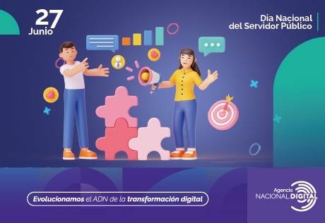 Ilustración Digital en 3d que muestra una mujer sosteniendo un megáfono junto a un ícono con tres puntos, a su lado un hombre que señala una burbuja con líneas que simulan texto, en el fondo se observan gráficos estadísticos, fichas de rompecabezas, un tiro al blanco con un dardo en el medio y distintos íconos. 