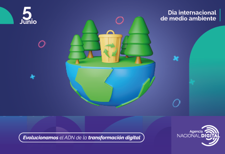 Ilustración Digital en 3d que muestra cuatro árboles sobre el planeta tierra alrededor de una caneca de basura que tiene el signo del reciclaje.