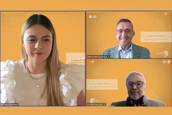 Fotografía de 3 personas, Laura Cardona, Luis Clavijo de la Agencia Nacional Digital y Alejandro Caballero del Min Tic en reunión virtual. Fotografía de 3 personas, Laura Cardona, Luis Clavijo de la Agencia Nacional Digital y Alejandro Caballero del Min Tic en reunión virtual.
