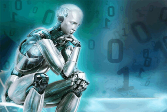 Fondo azul con números y un robot humano sentado en posición reflexiva. Fondo azul con números y un robot humano sentado en posición reflexiva.